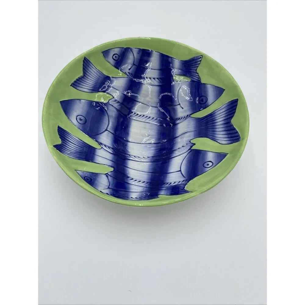 John Newdigate Ceramics West Elm Large Centerpiece Bowl Blue Green Fish 10.5”